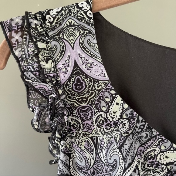 KENSIE 100% silk dress paisley chiffon ruffle fit and flare gray purple black - Picture 6 of 11